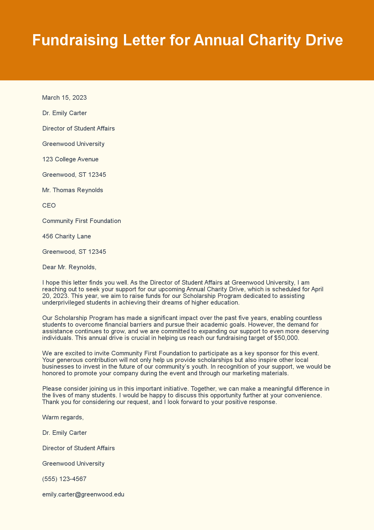 Fundraising Letter for Charity Drive sample letter