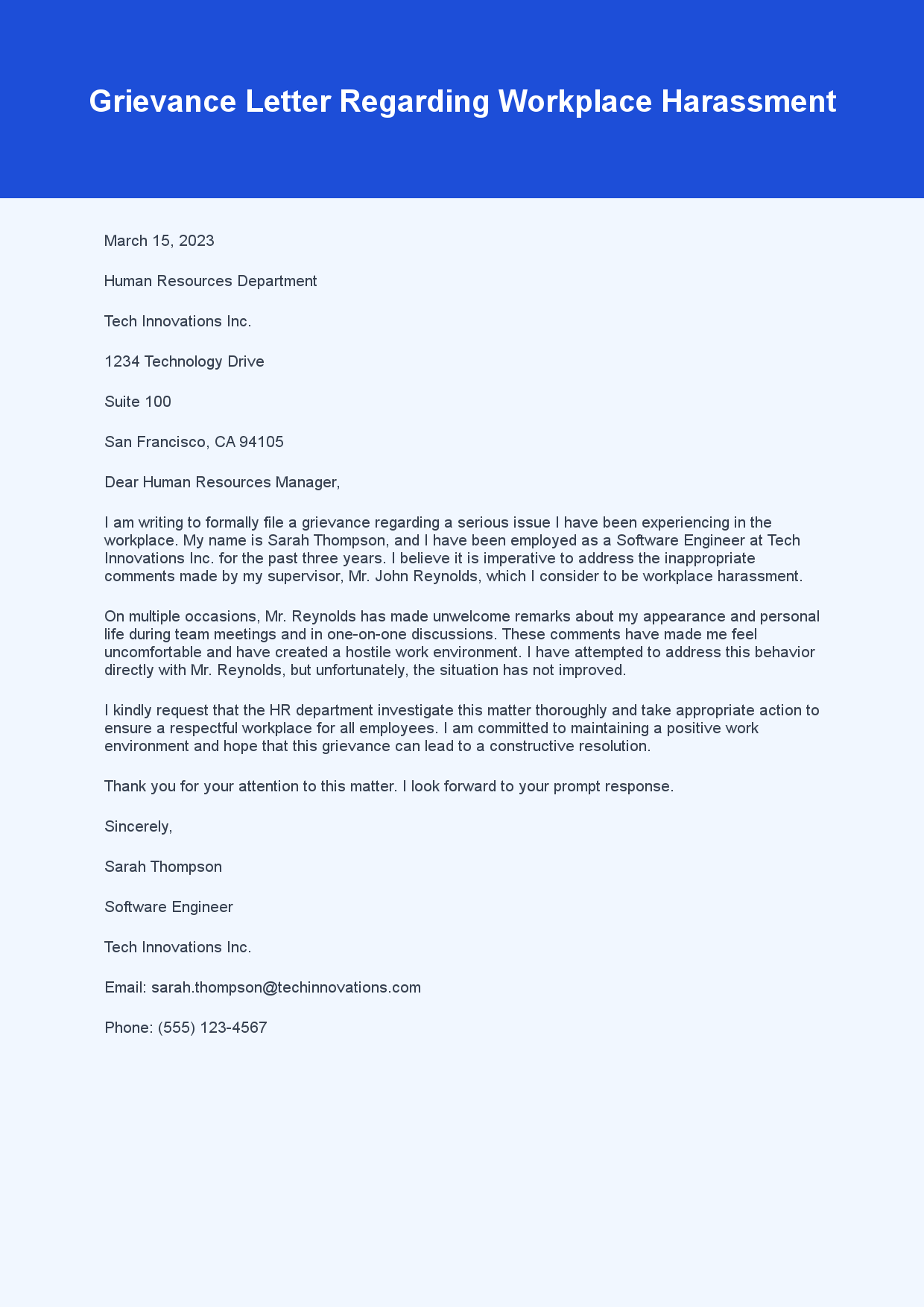 Grievance Letter for HR Complaint sample letter