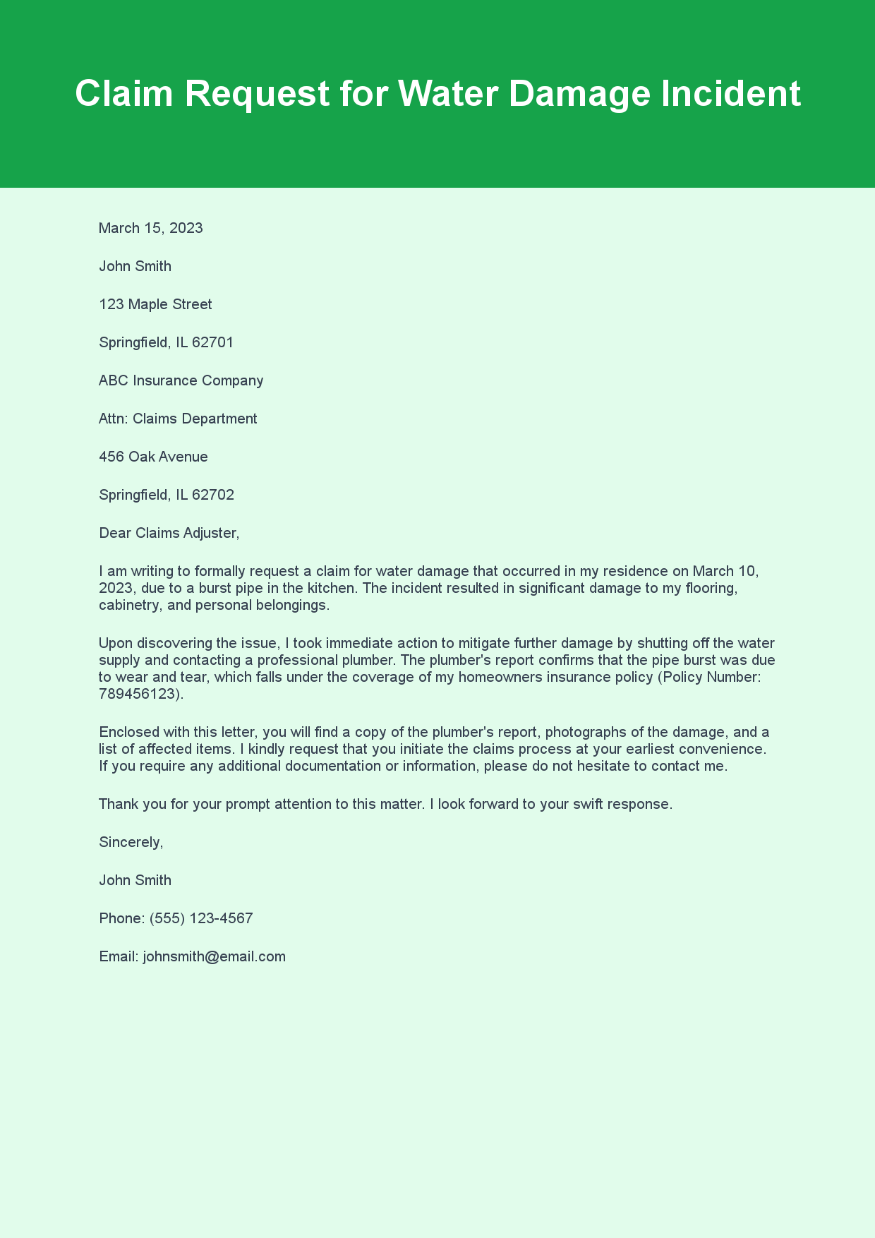 Insurance Letter for Claim Request sample letter