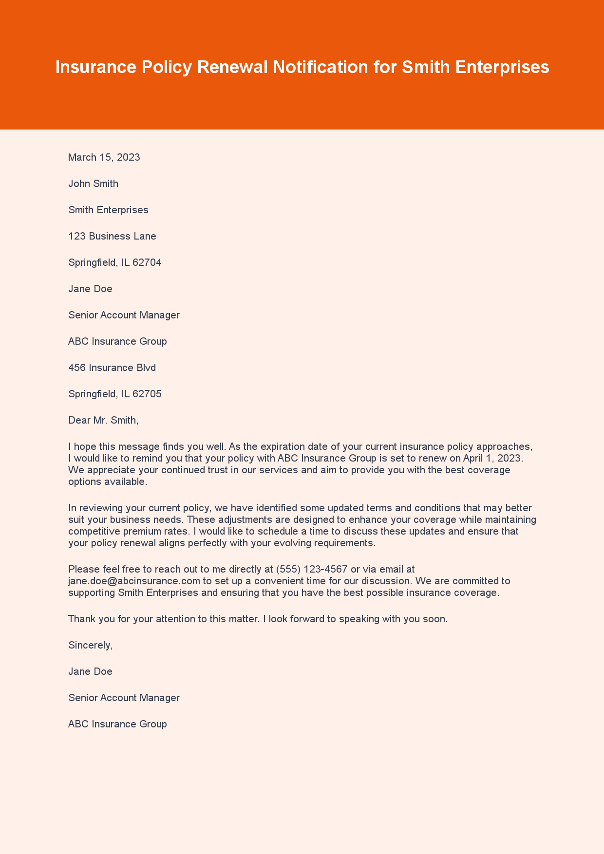 Insurance Letter for Policy Renewal sample letter