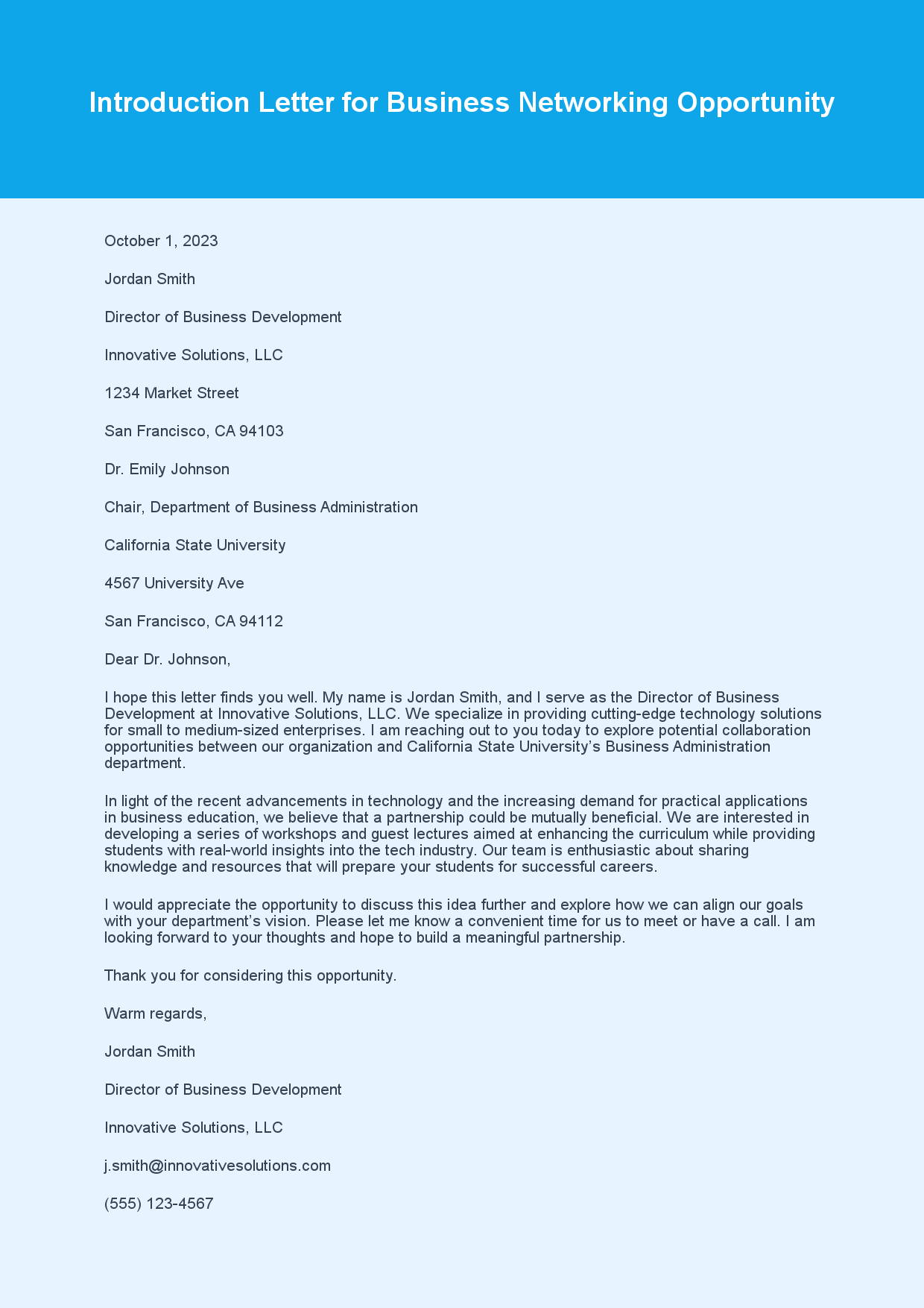 Introduction Letter for Business Network sample letter