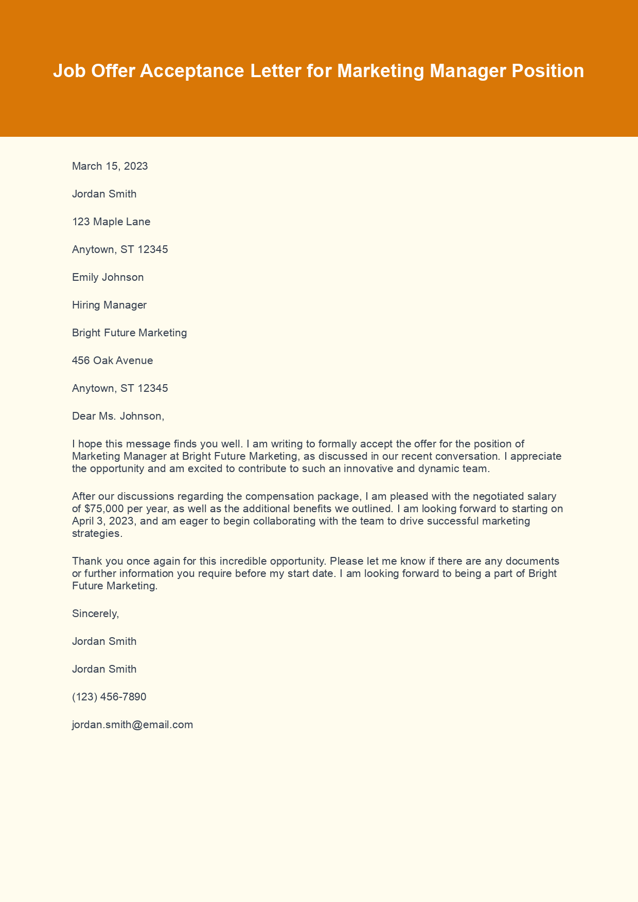 Job Offer Acceptance Letter sample letter