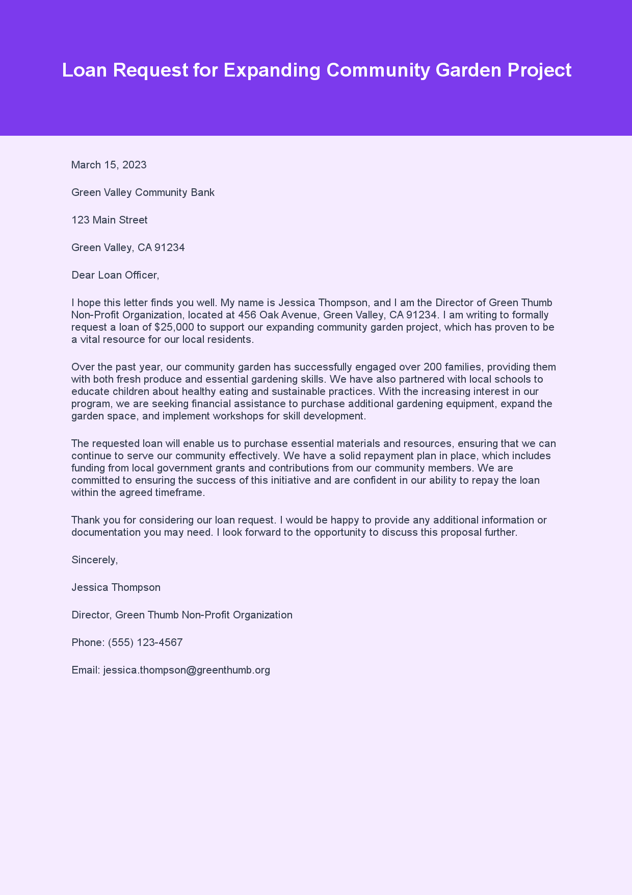 Loan Letter for Loan Request sample letter