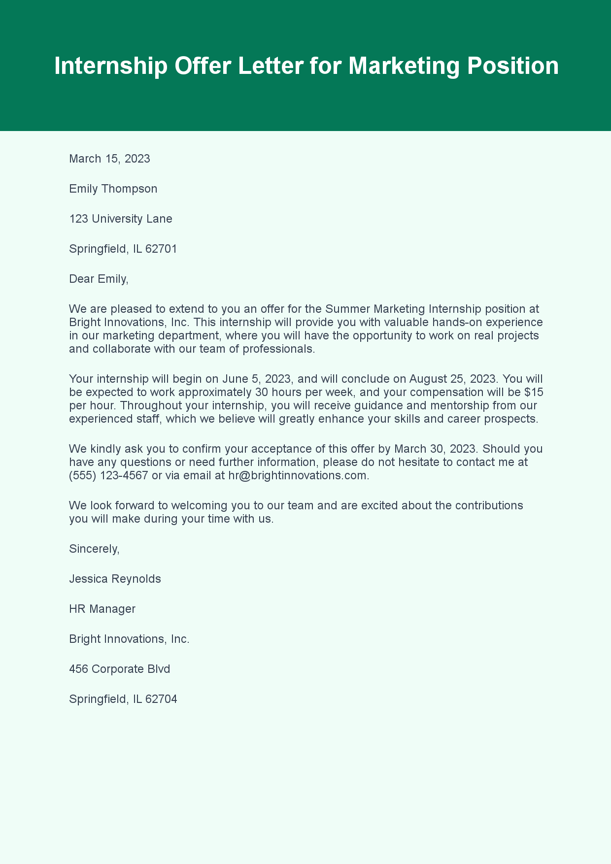 Offer Letter for Internship Placement sample letter