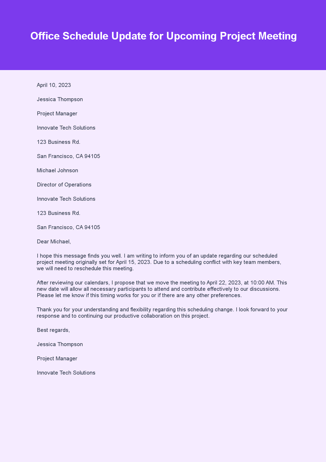 Office Letter for Schedule Update sample letter