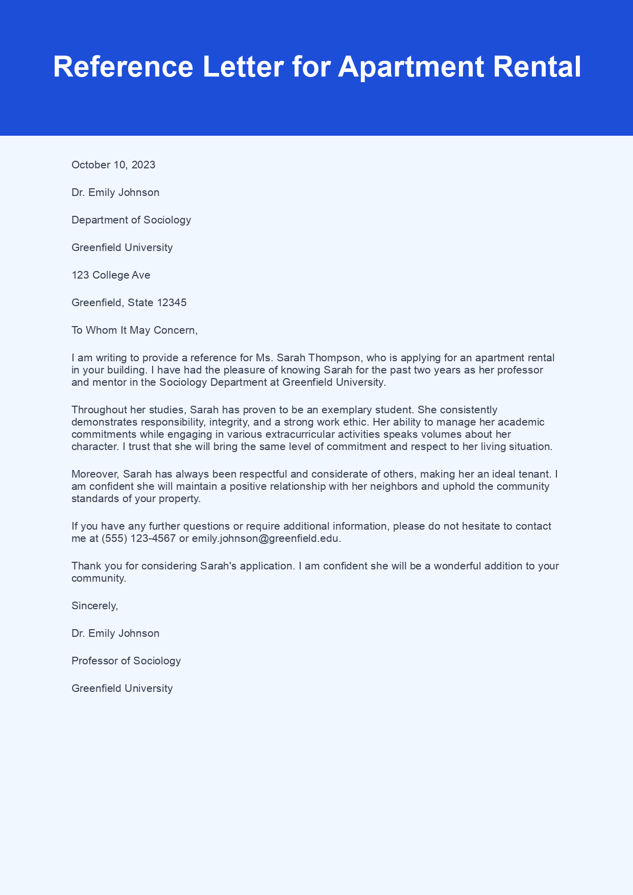 Reference Letter for Apartment Rental sample letter