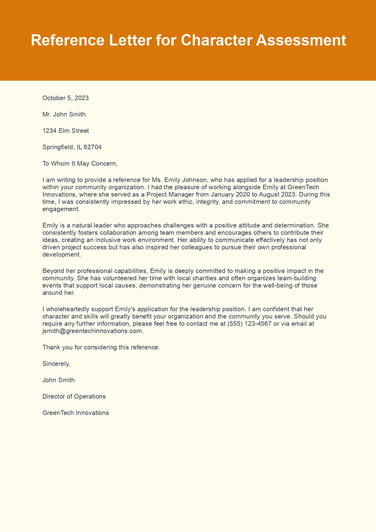 Reference Letter for Character Assessment sample letter