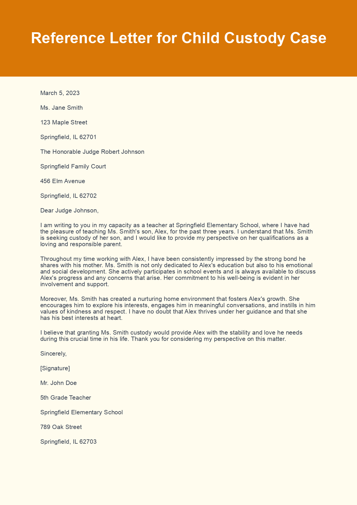 Reference Letter for Child Custody Case sample letter