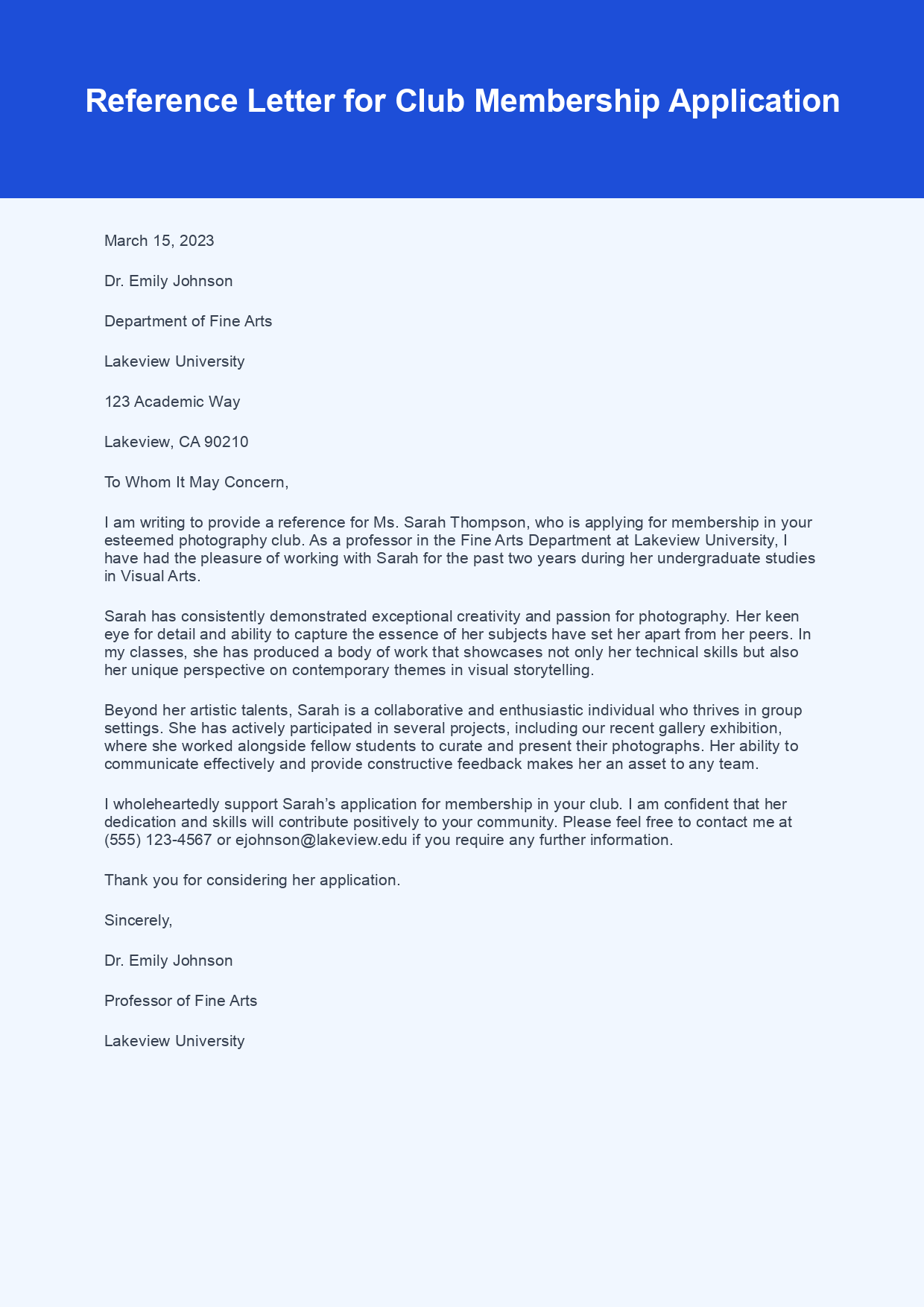 Reference Letter for Club Membership sample letter