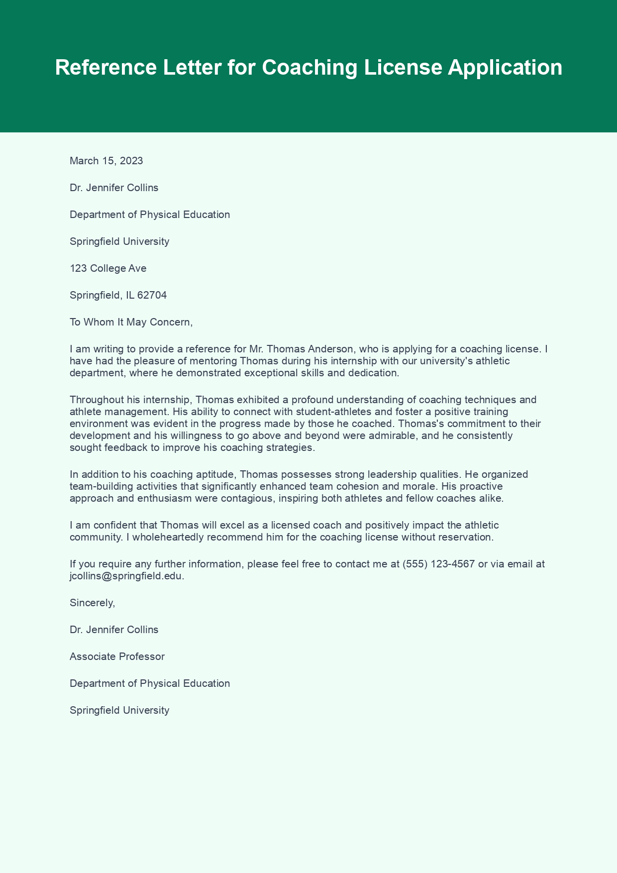 Reference Letter for Coaching License sample letter