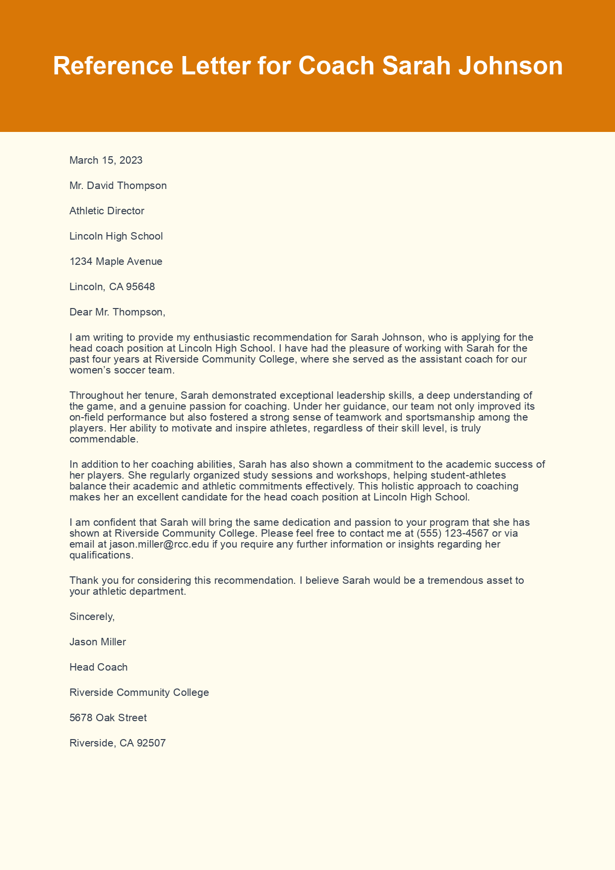 Reference Letter for Coaching Position sample letter