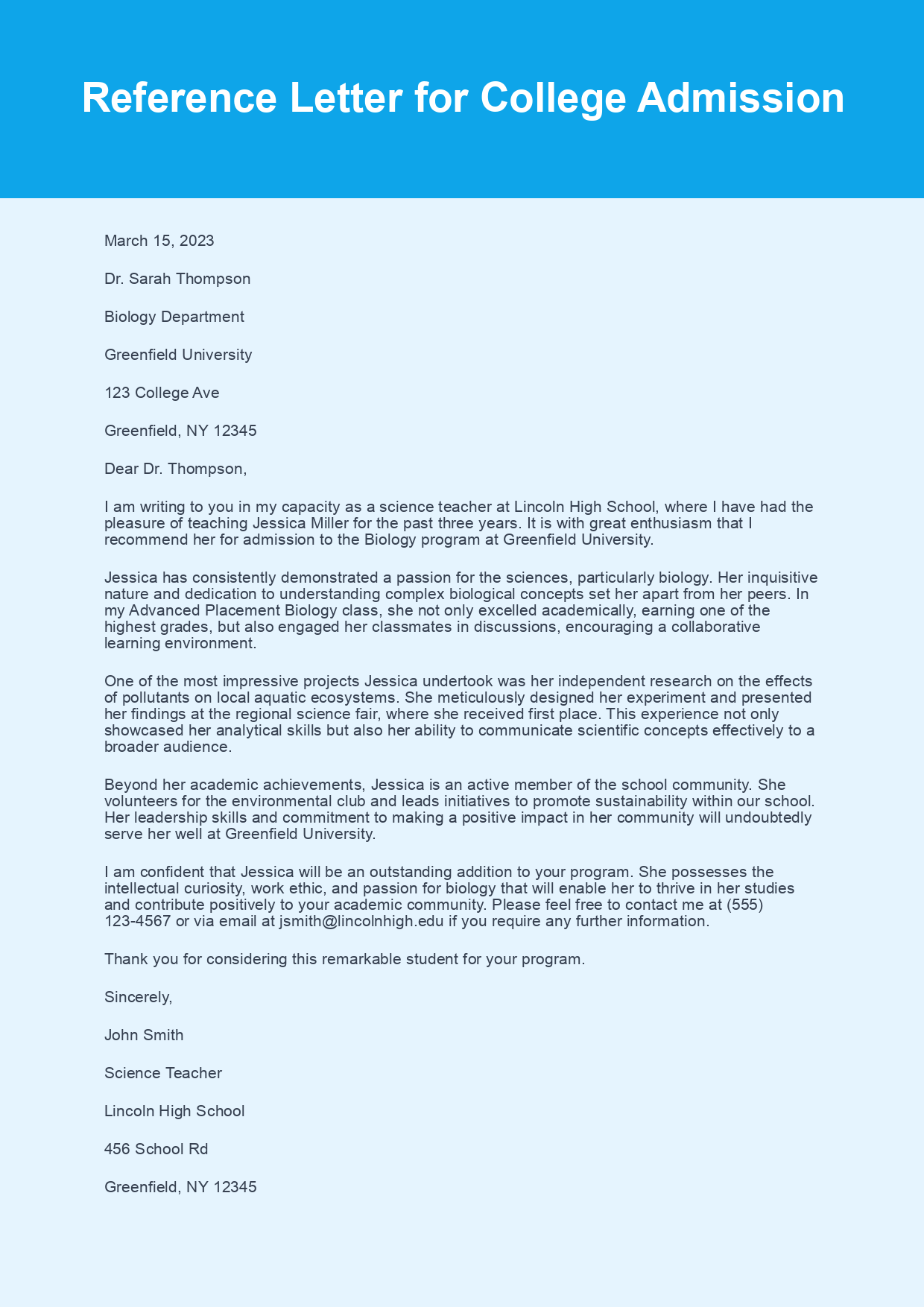 Reference Letter for College Admission sample letter