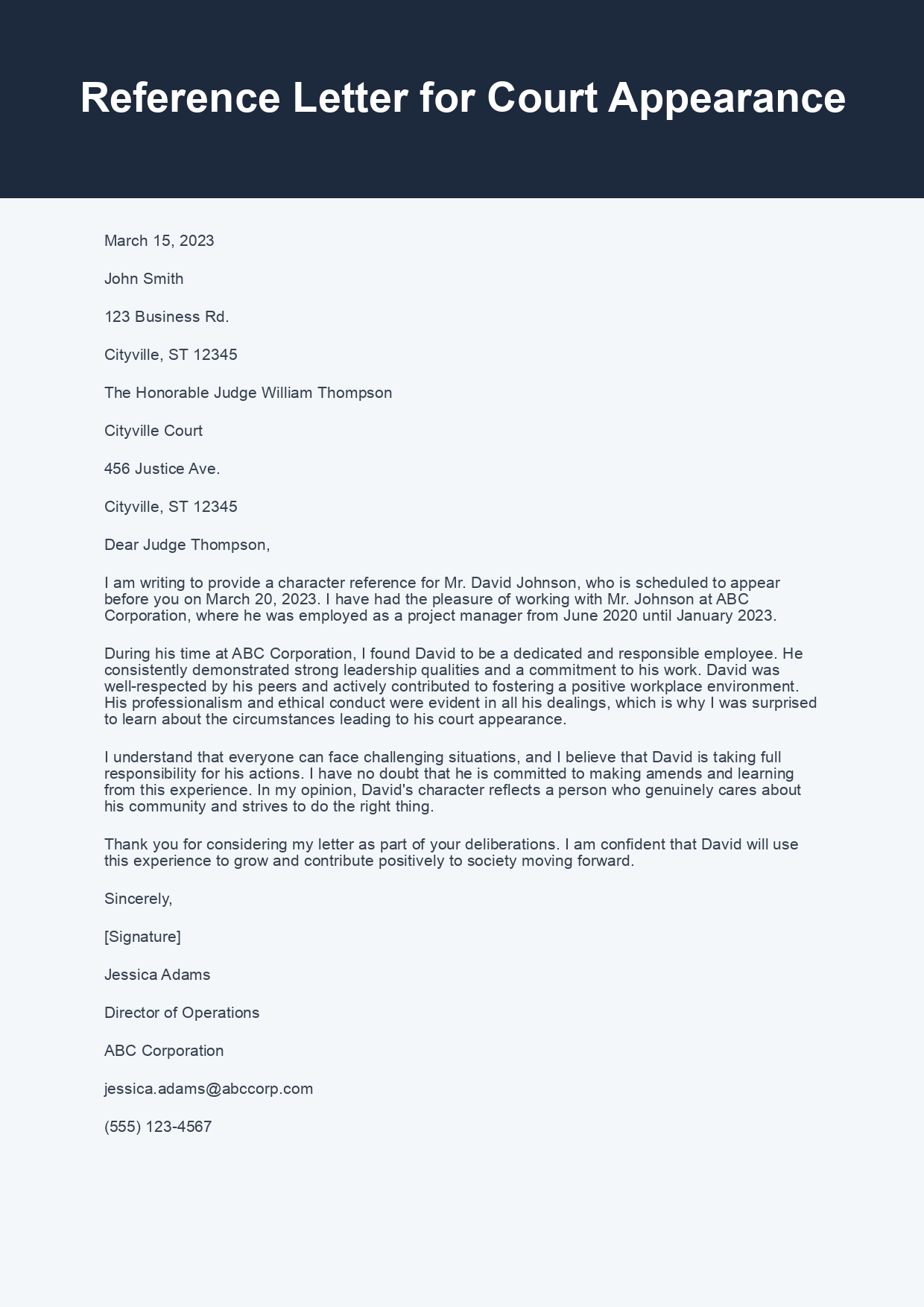 Reference Letter for Court Appearance sample letter