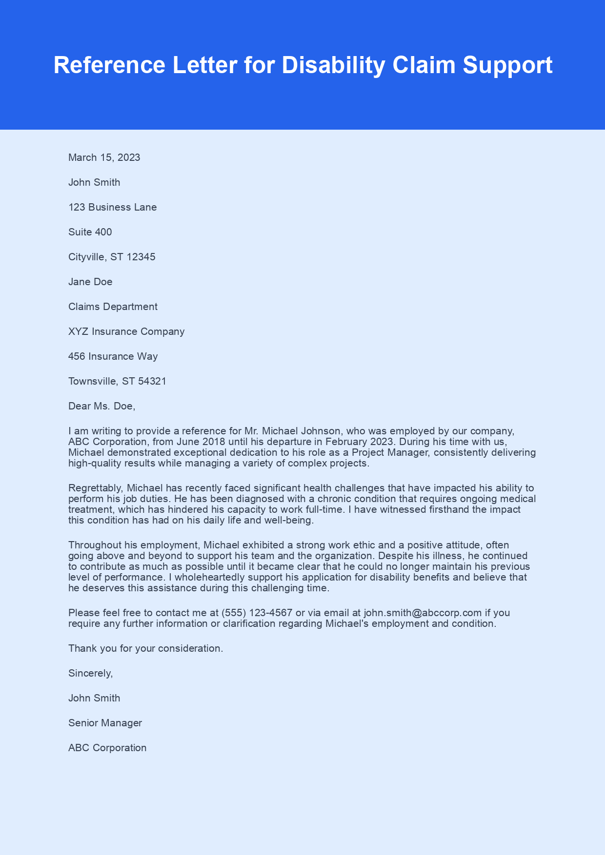 Reference Letter for Disability Claim sample letter