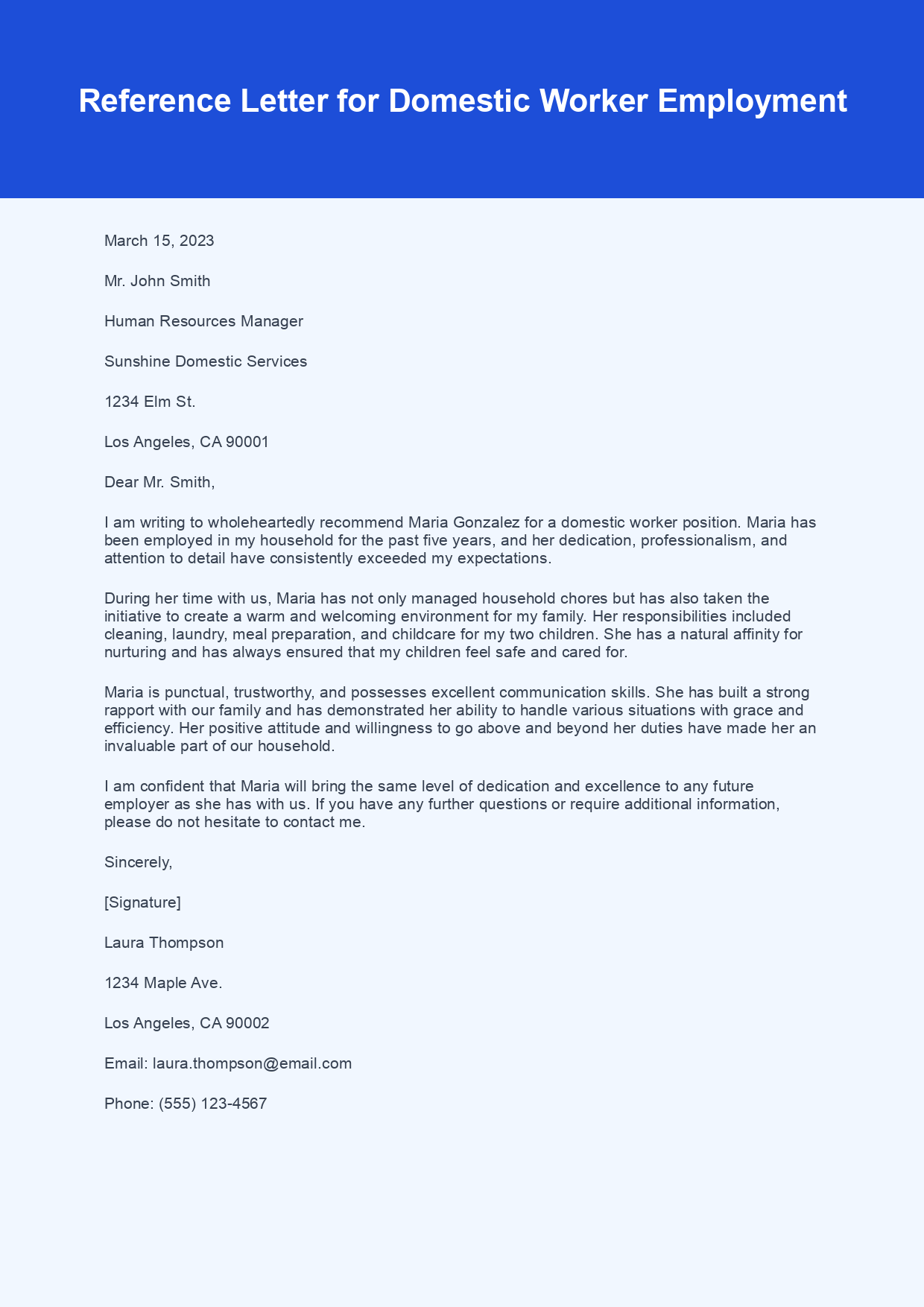 Reference Letter for Domestic Worker sample letter