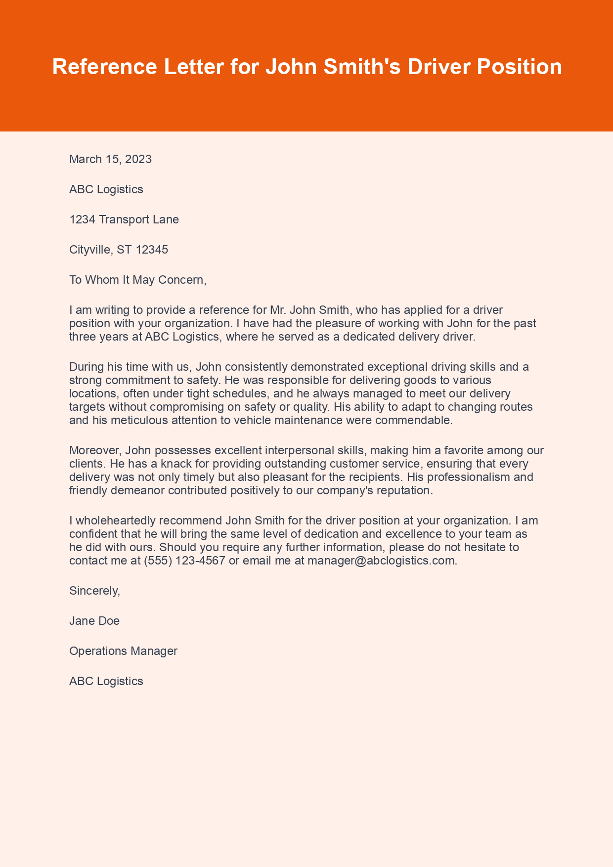 Reference Letter for Driver Position sample letter