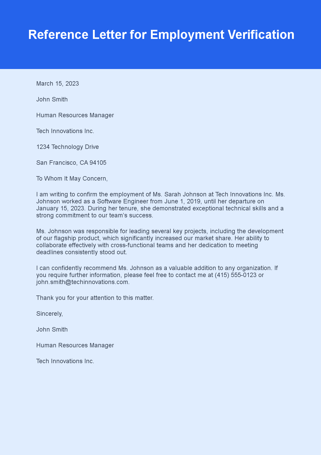 Reference Letter for Employment Verification sample letter