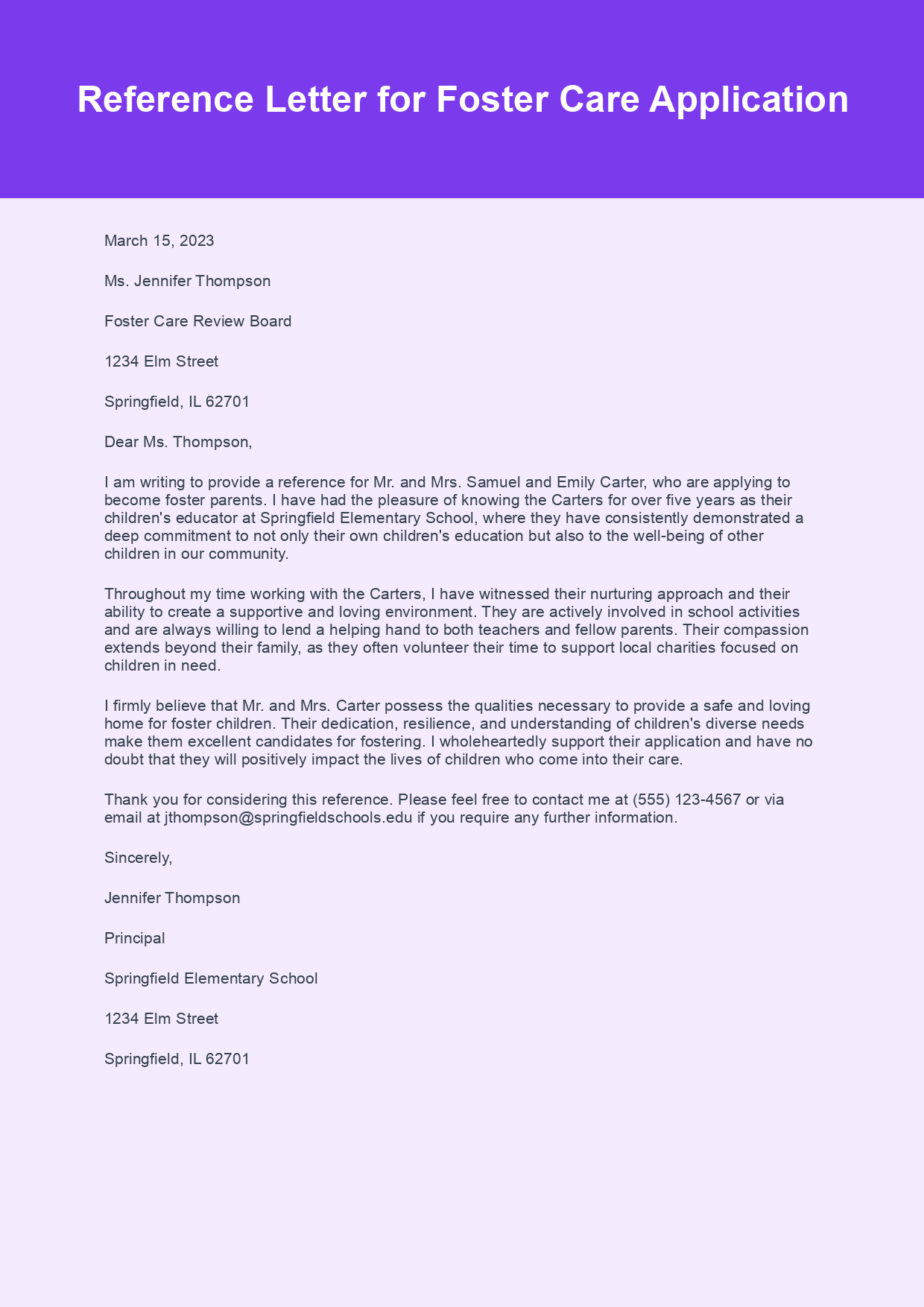 Reference Letter for Foster Care Application sample letter