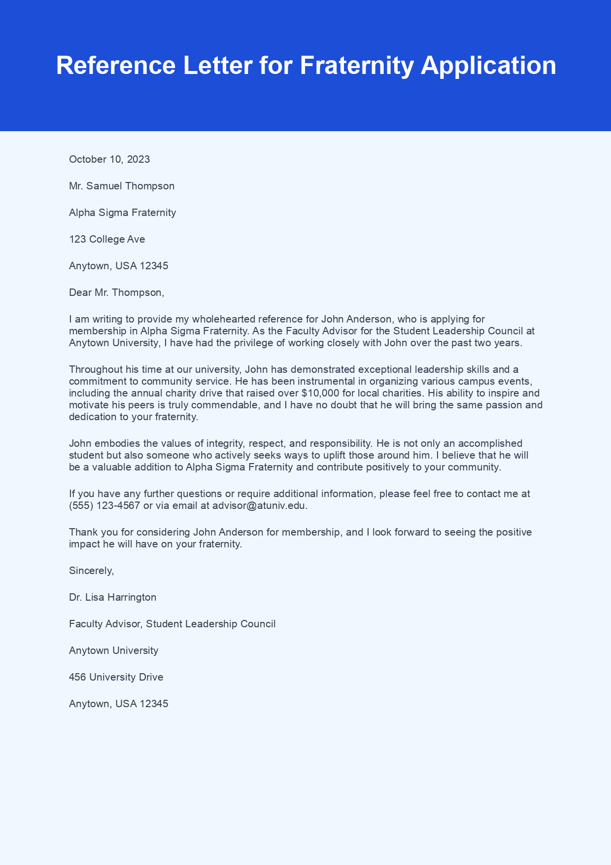 Reference Letter for Fraternity Application sample letter