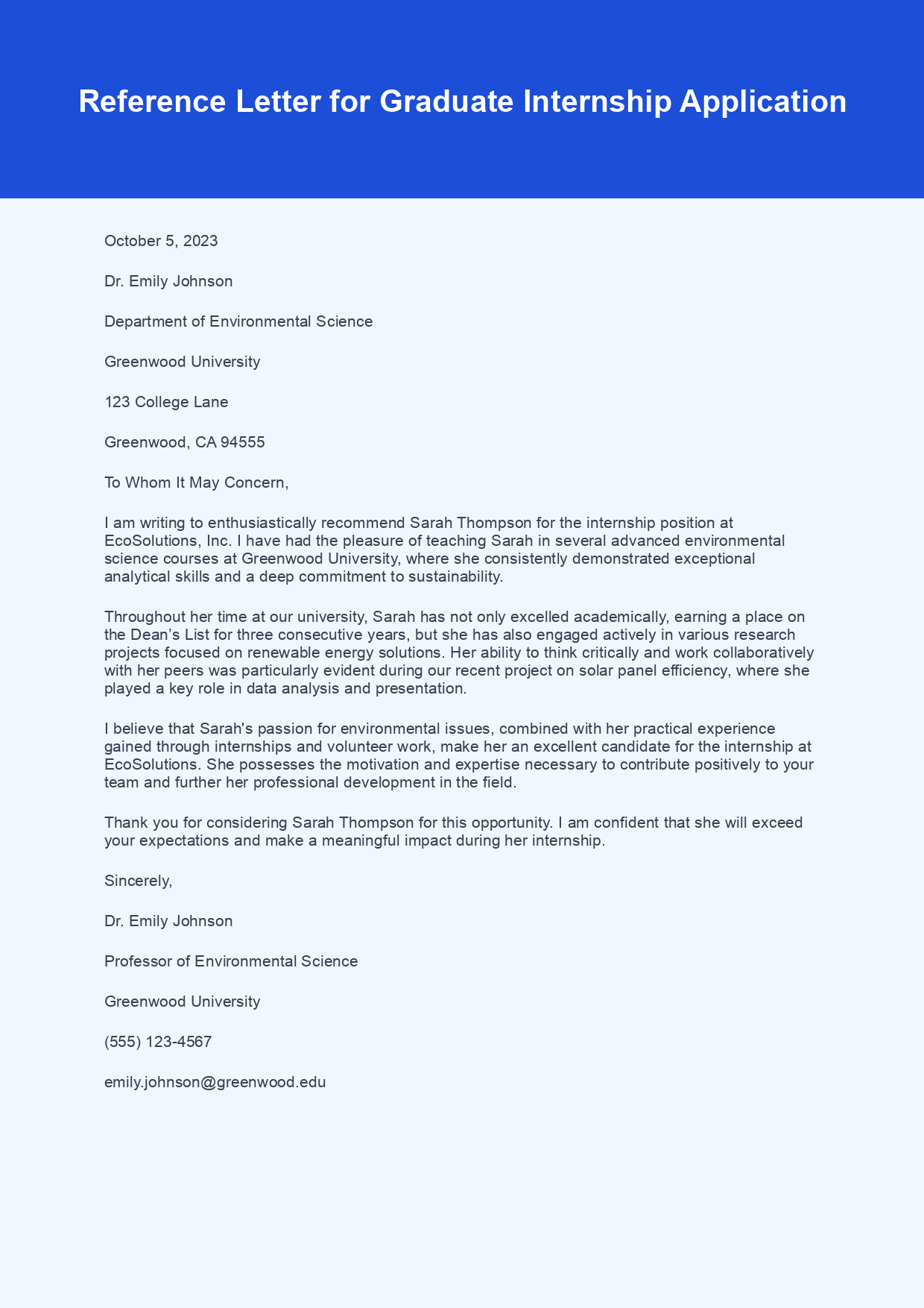 Reference Letter for Graduate Internship sample letter