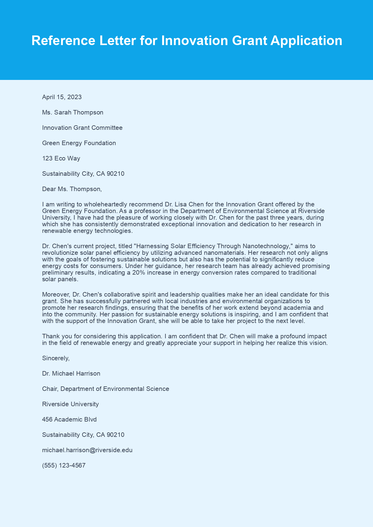 Reference Letter for Innovation Grant sample letter