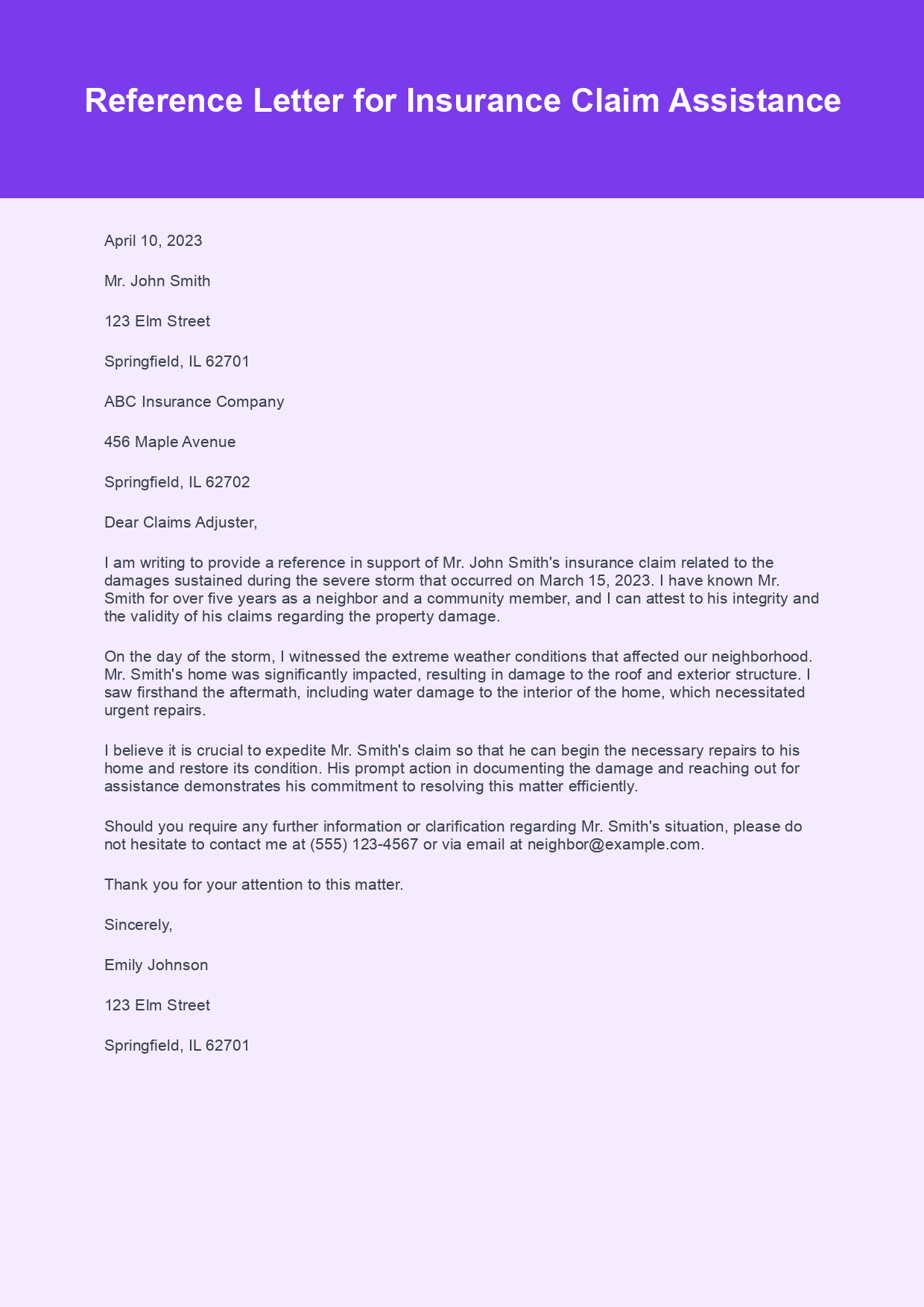 Reference Letter for Insurance Claim sample letter