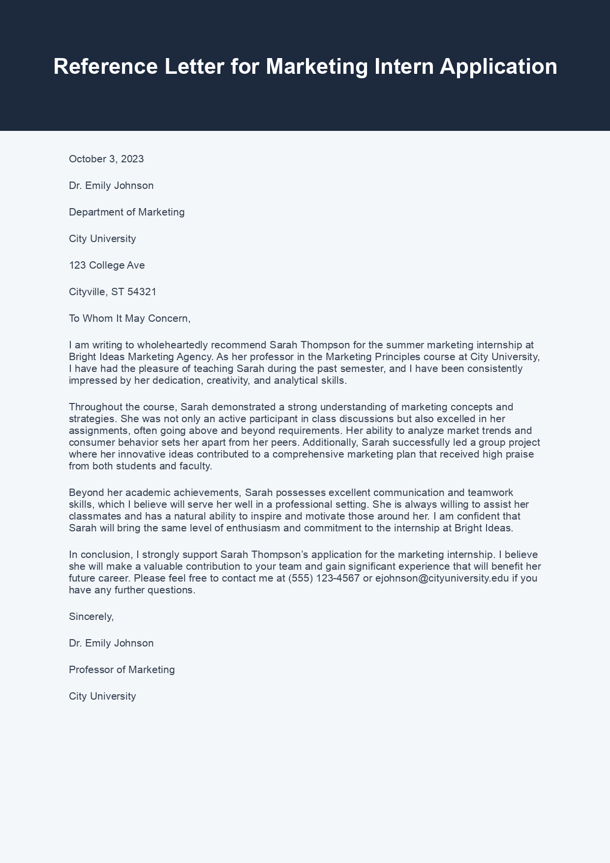 Reference Letter for Internship Application sample letter