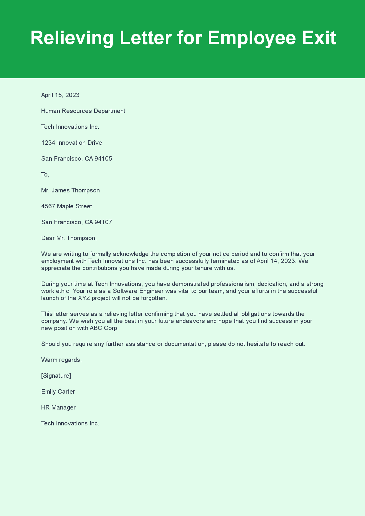 Relieving Letter for Employee Exit sample letter
