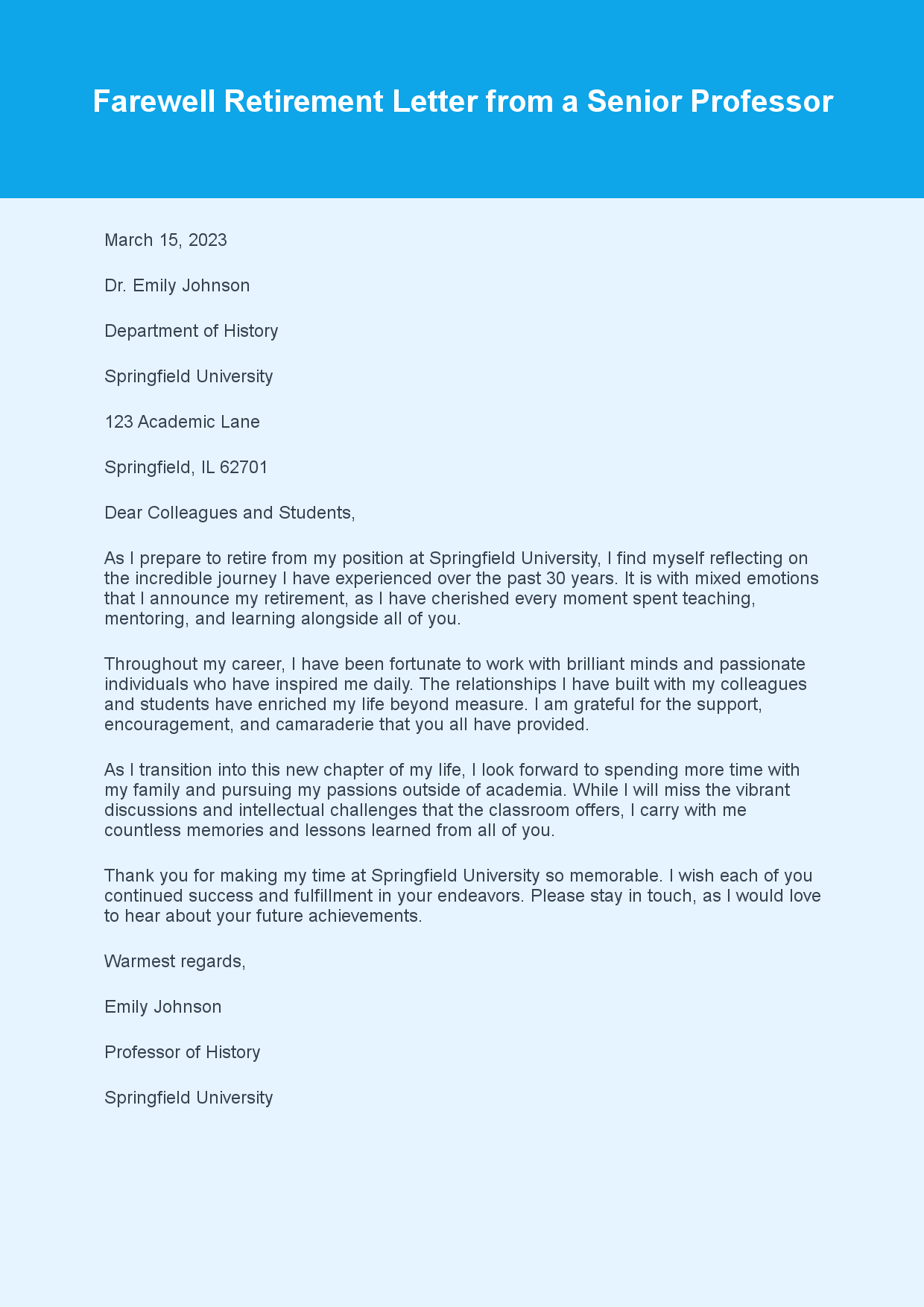 Retirement Letter for Farewell Wish sample letter