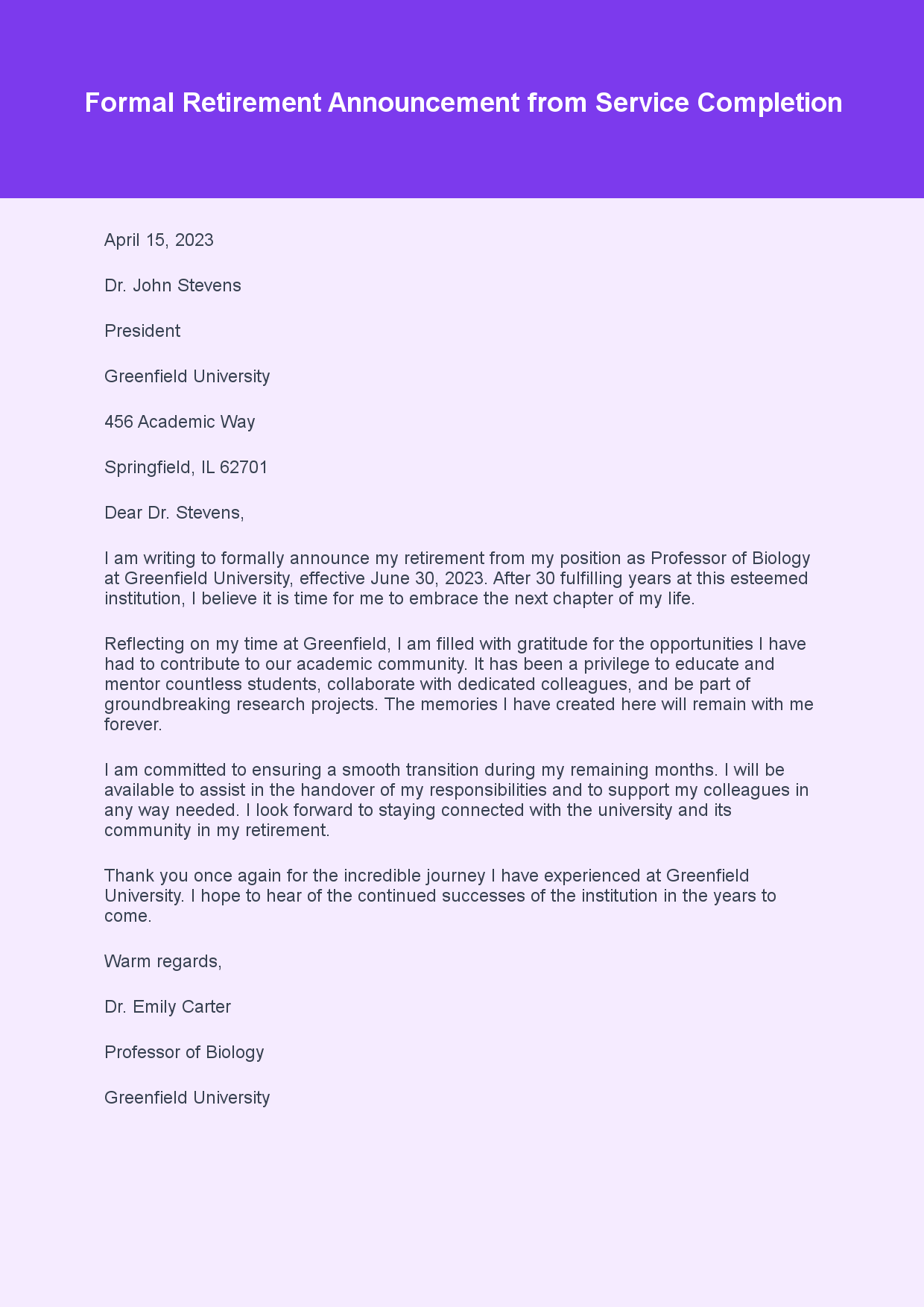 Retirement Letter for Service Completion sample letter