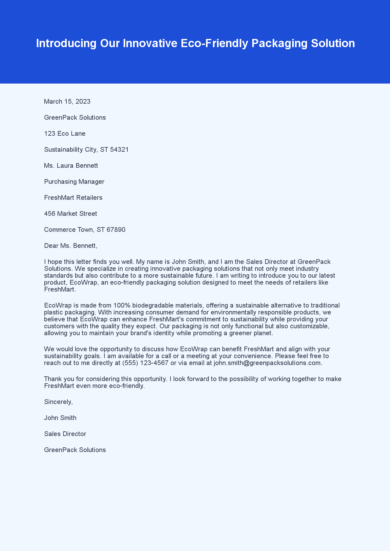 Sales Letter for New Product Pitch sample letter