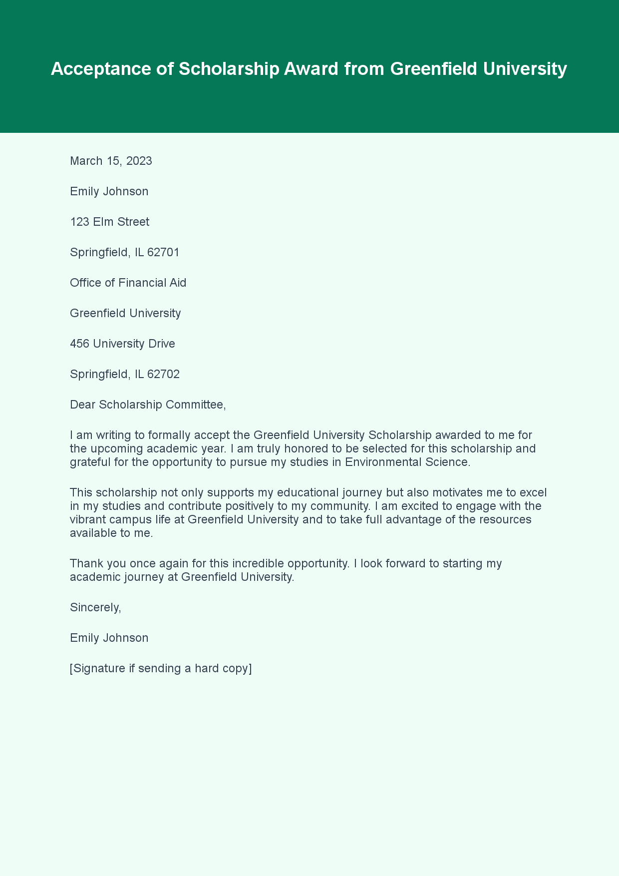 Scholarship Letter for Scholarship Acceptance sample letter