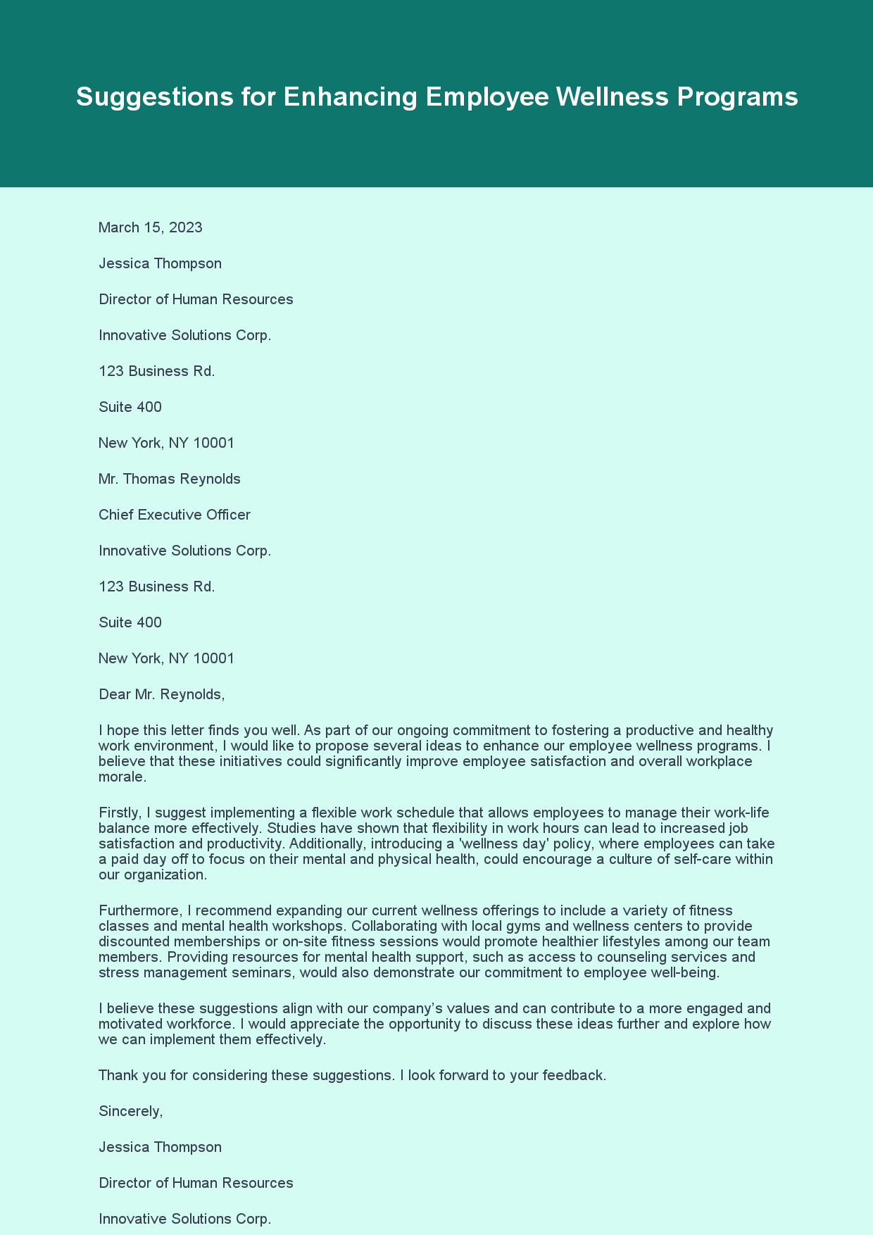 Suggestion Letter for Improvement Ideas sample letter