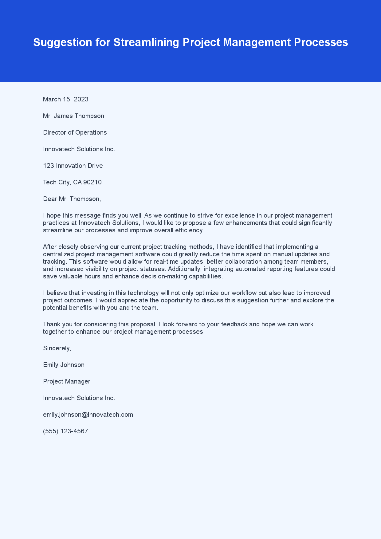 Suggestion Letter for Process Enhancement sample letter