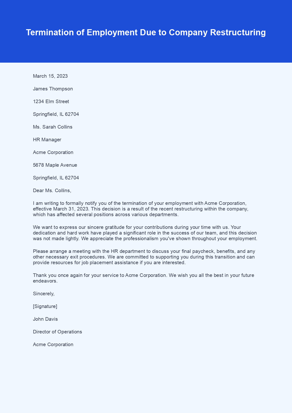 Termination Letter for Employment End sample letter
