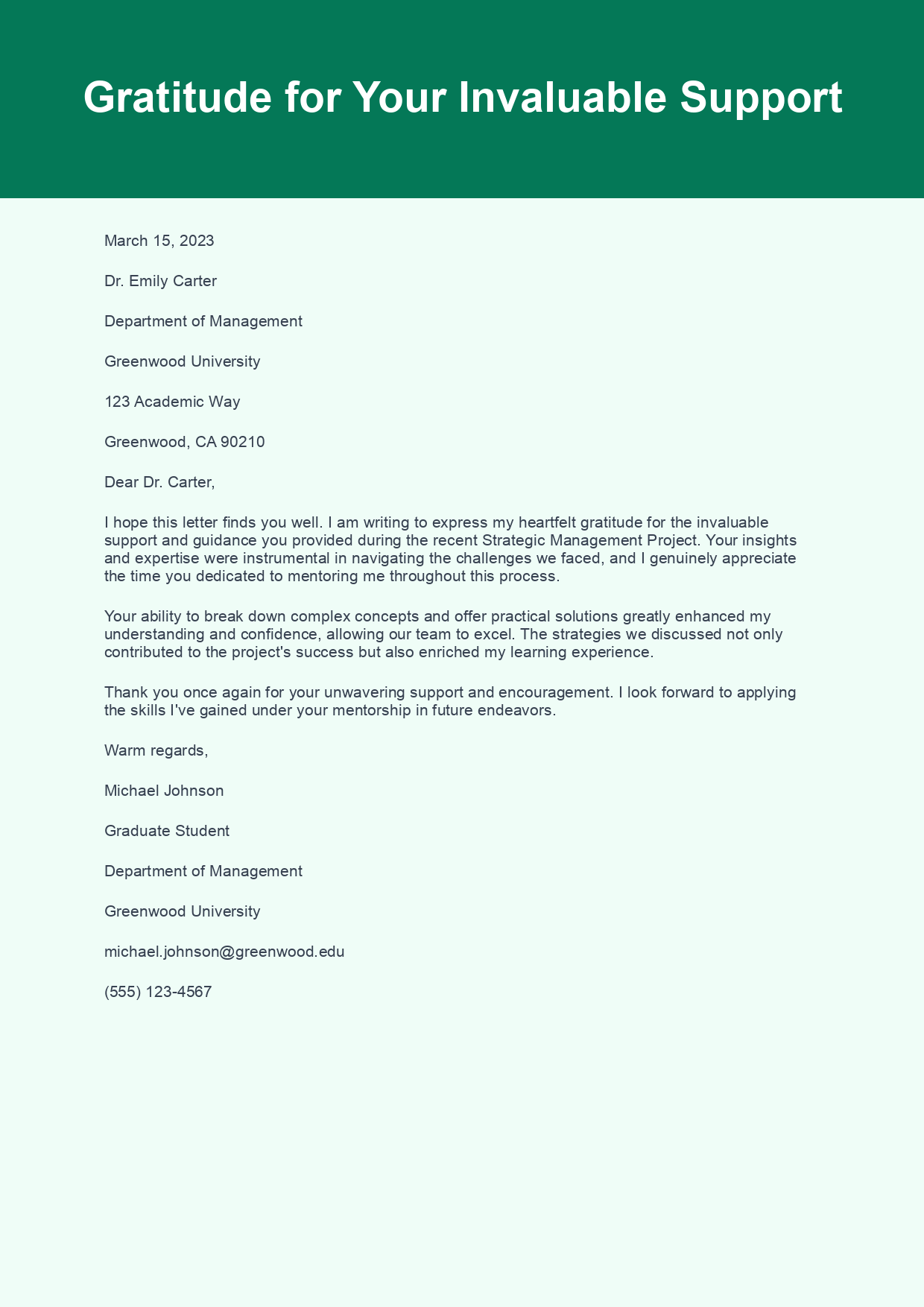 Thank You Letter for Support sample letter