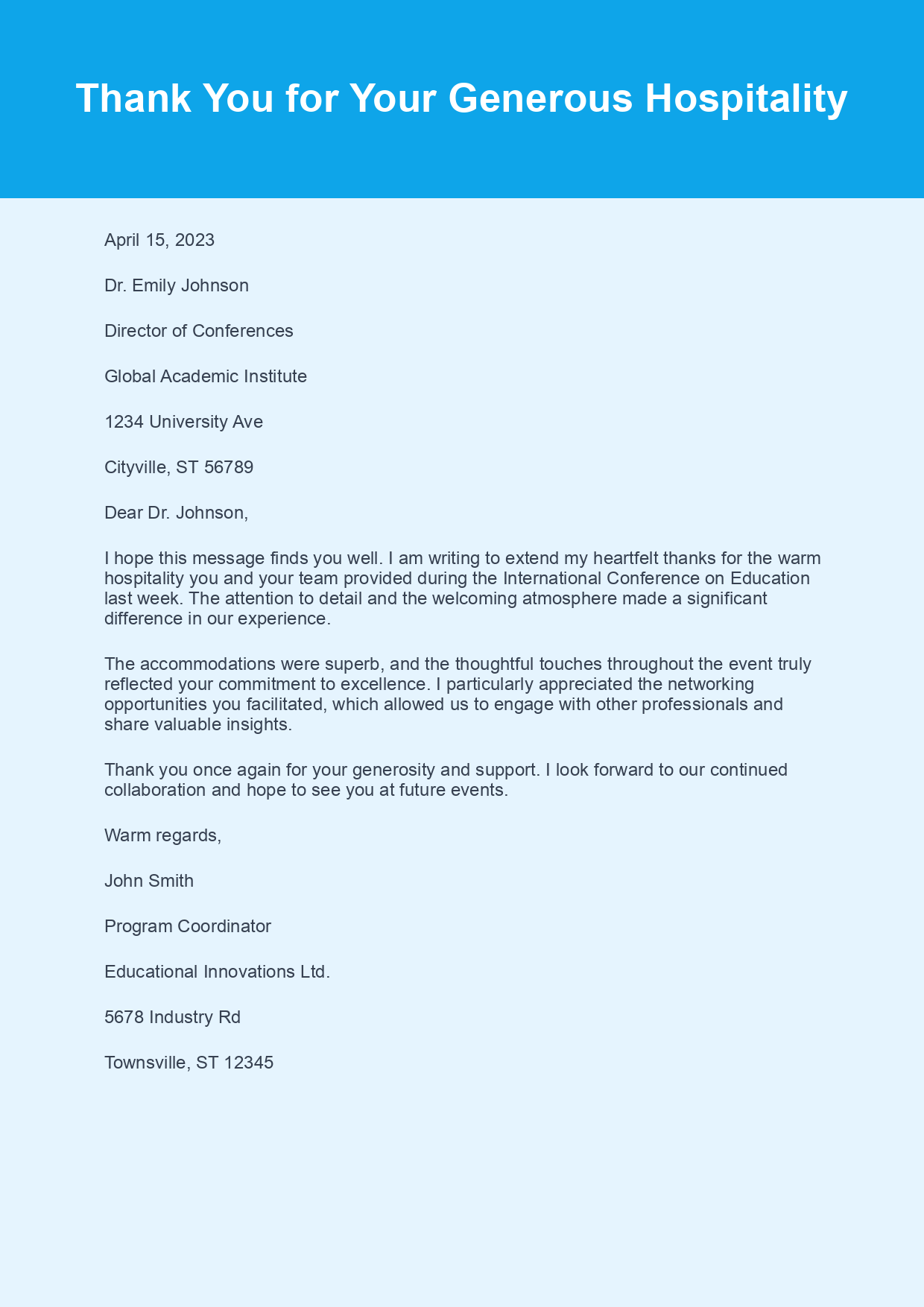 Thanks Letter for Hospitality sample letter