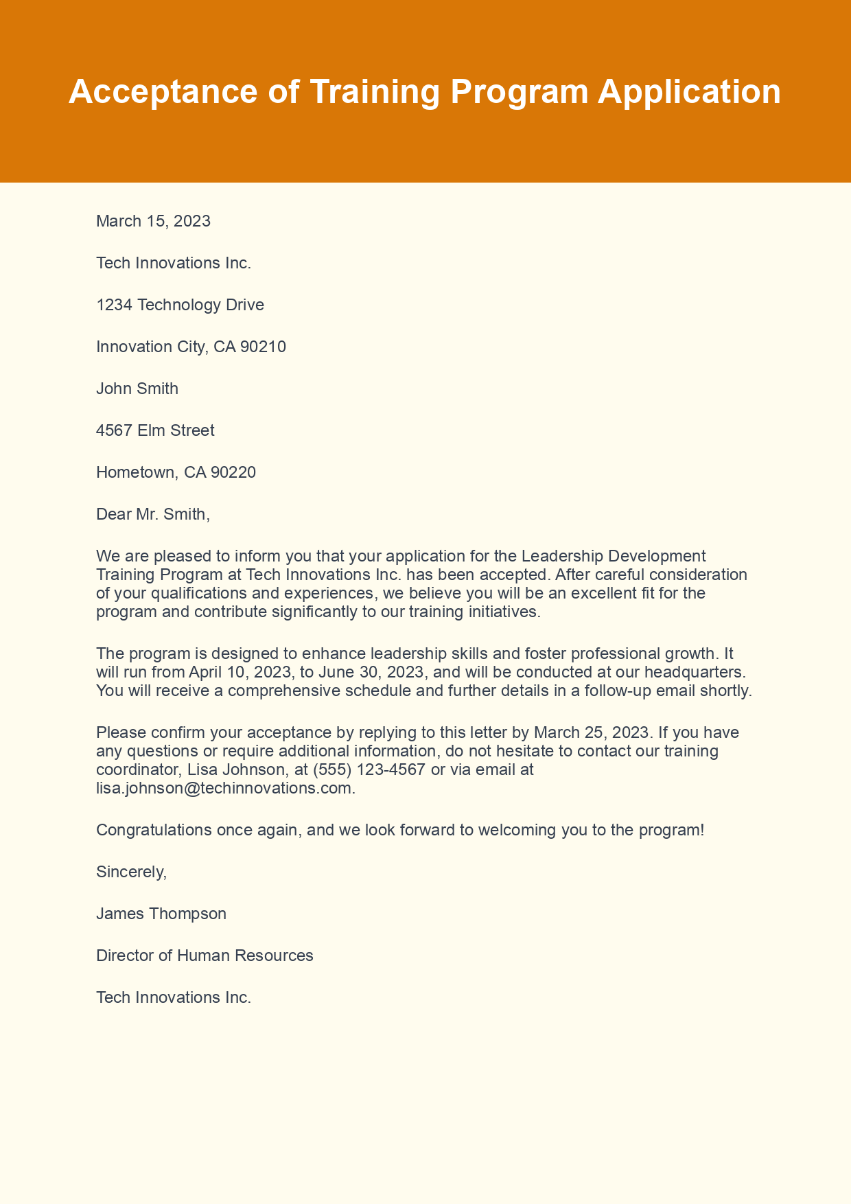 Training Program Acceptance Letter sample letter