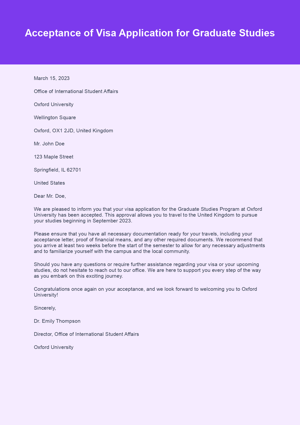 Visa Application Acceptance Letter sample letter