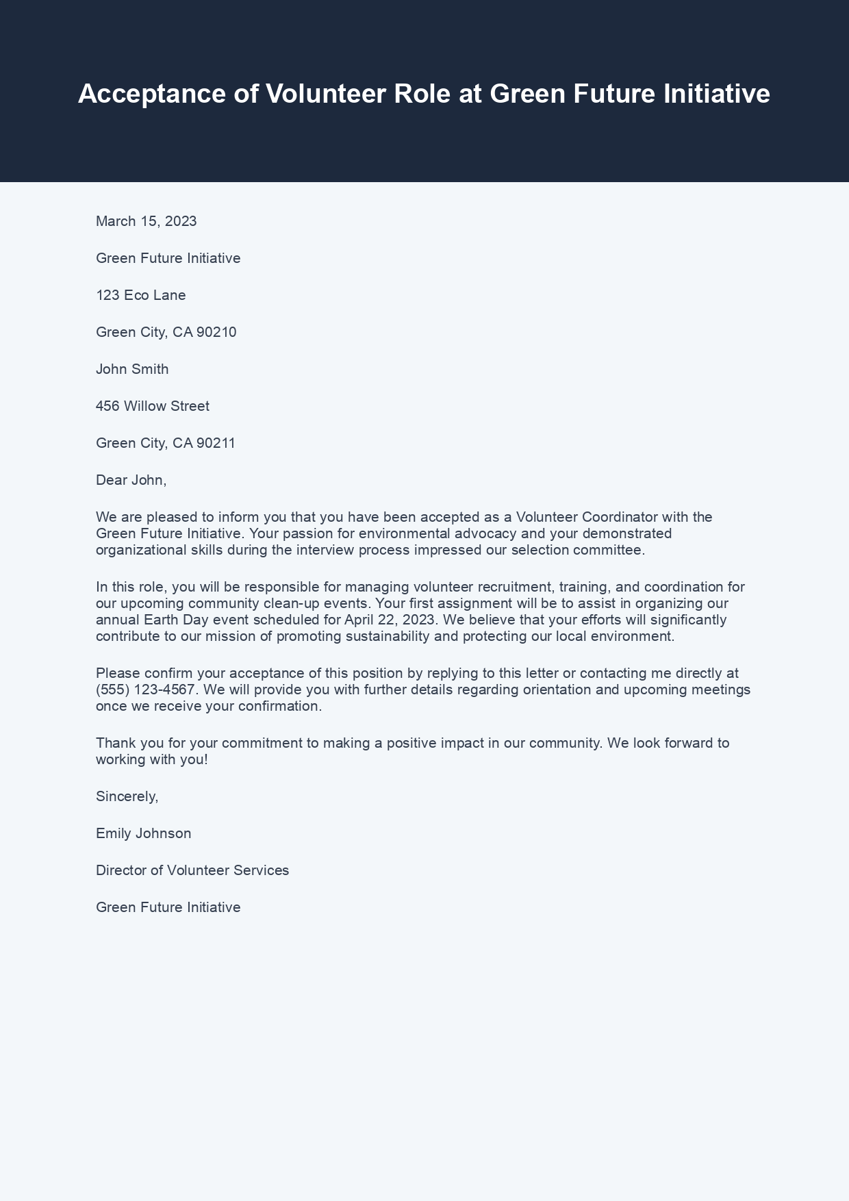 Volunteer Acceptance Letter sample letter