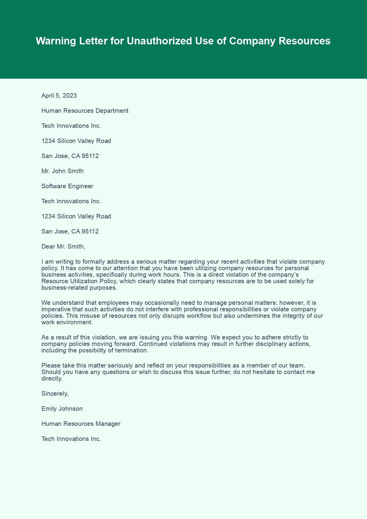 Warning Letter for Policy Violation sample letter